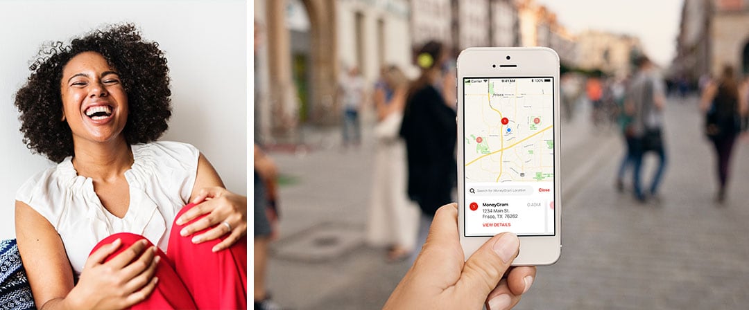 woman smiling, next to hand holding phone with way finding open in app.