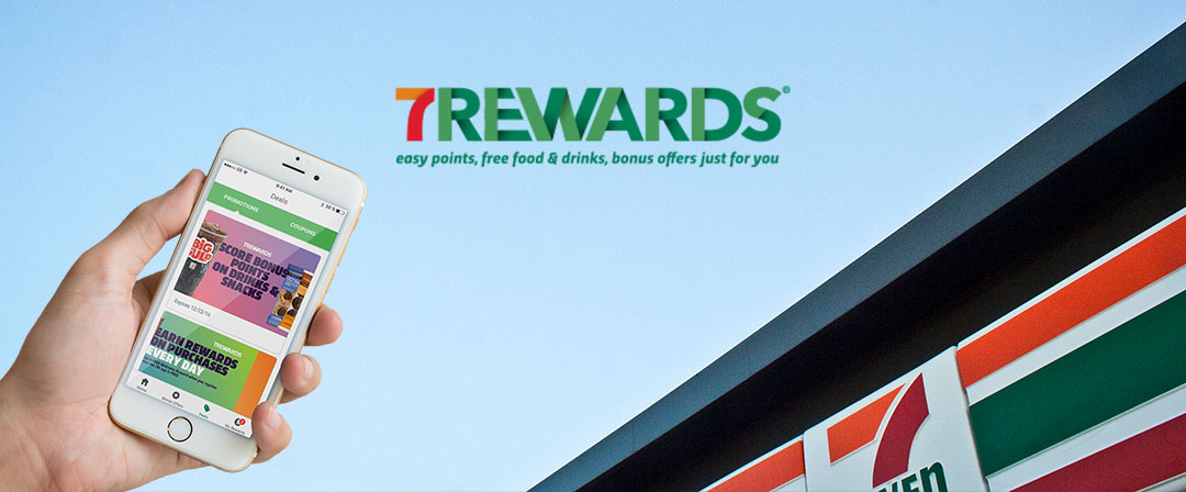 7Rewards logo and 7-Eleven building with phone showcasing deals on the 7Rewards app.