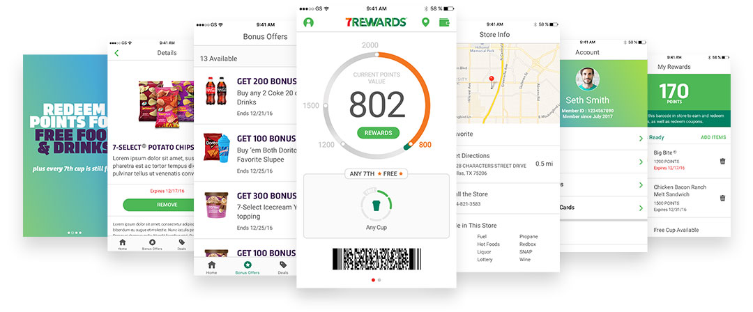 Screenshot examples of 7Rewards mobile loyalty app.