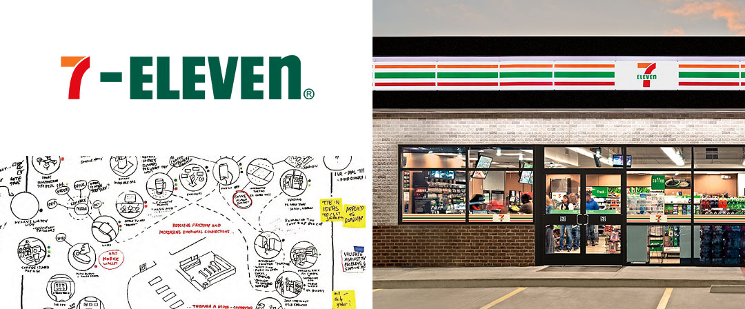 7-Eleven brand and store alongside image of wlhiteboard drawings