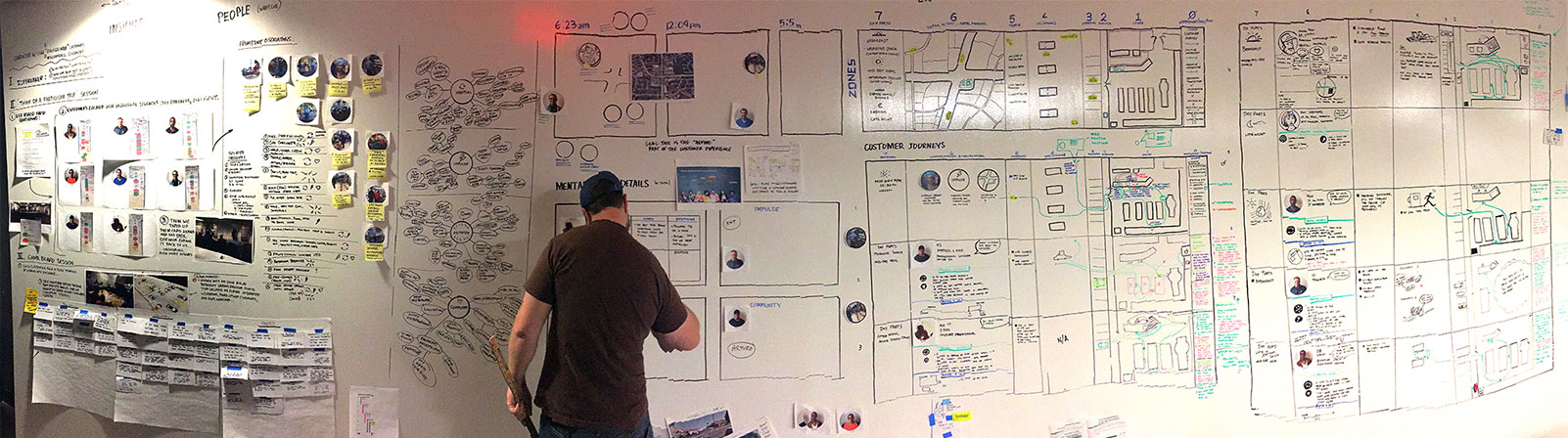 wide angle view of Rocketeer drawing on whiteboard in the midding of a large amount of reasearch on the wall next to him.
