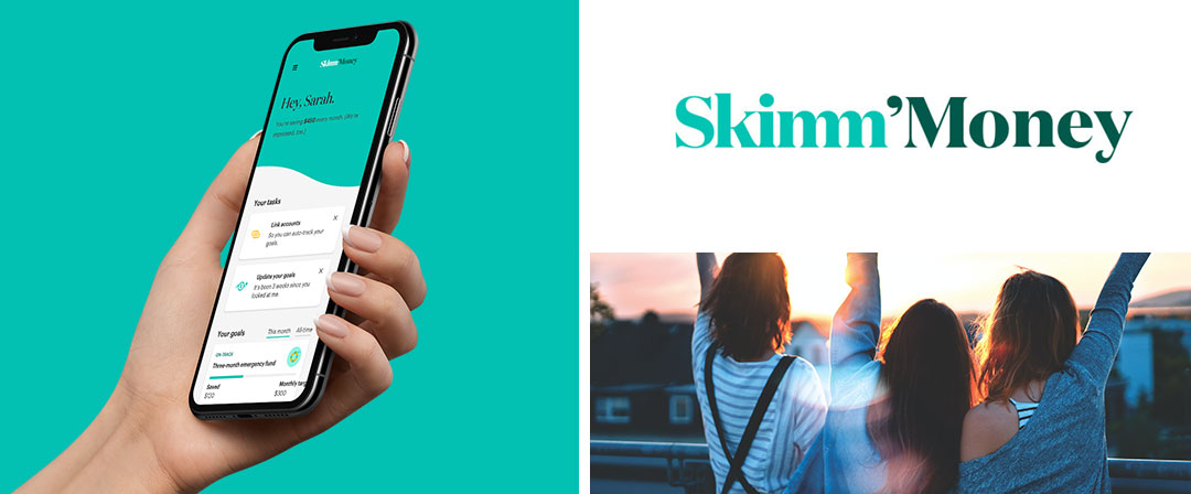 The Skimm Money logo and screenshot of dashboard in mobile app.