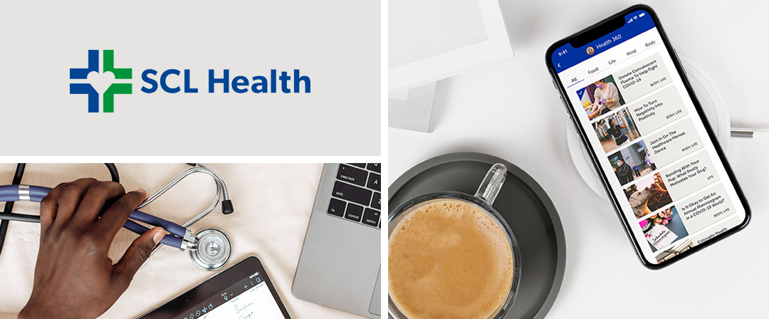 SCL Health logo with mobile app on phone next to cup of coffee.