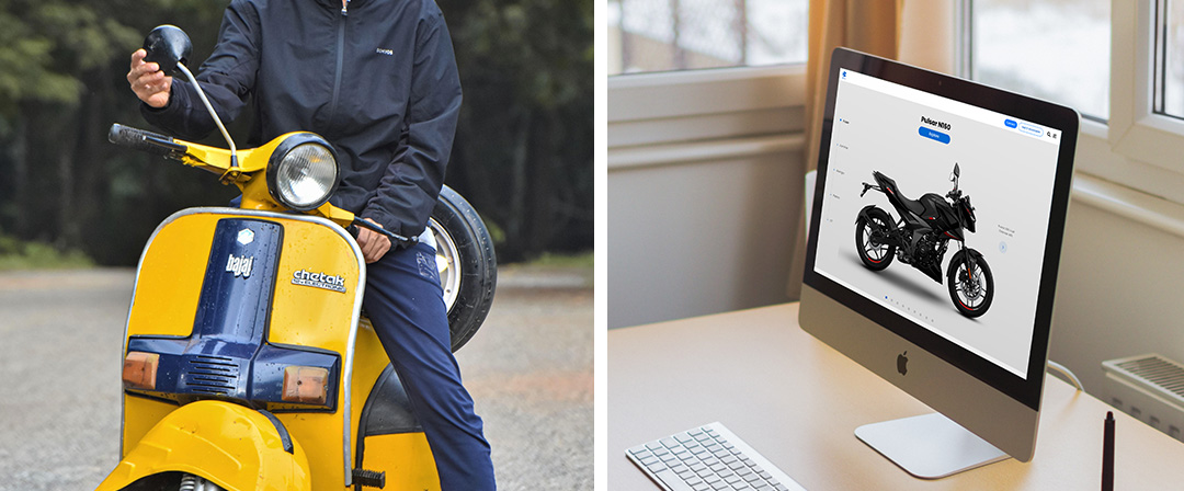 Man on Bajaj moped with an image of the website on an iMac.