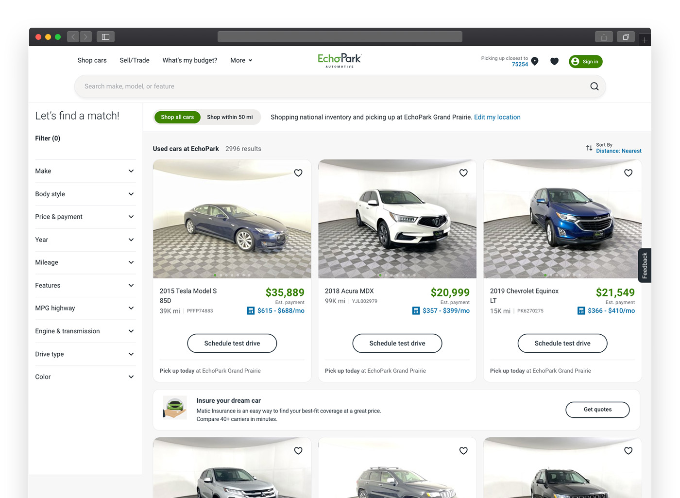 EchoPark website homepage is the car listing page.