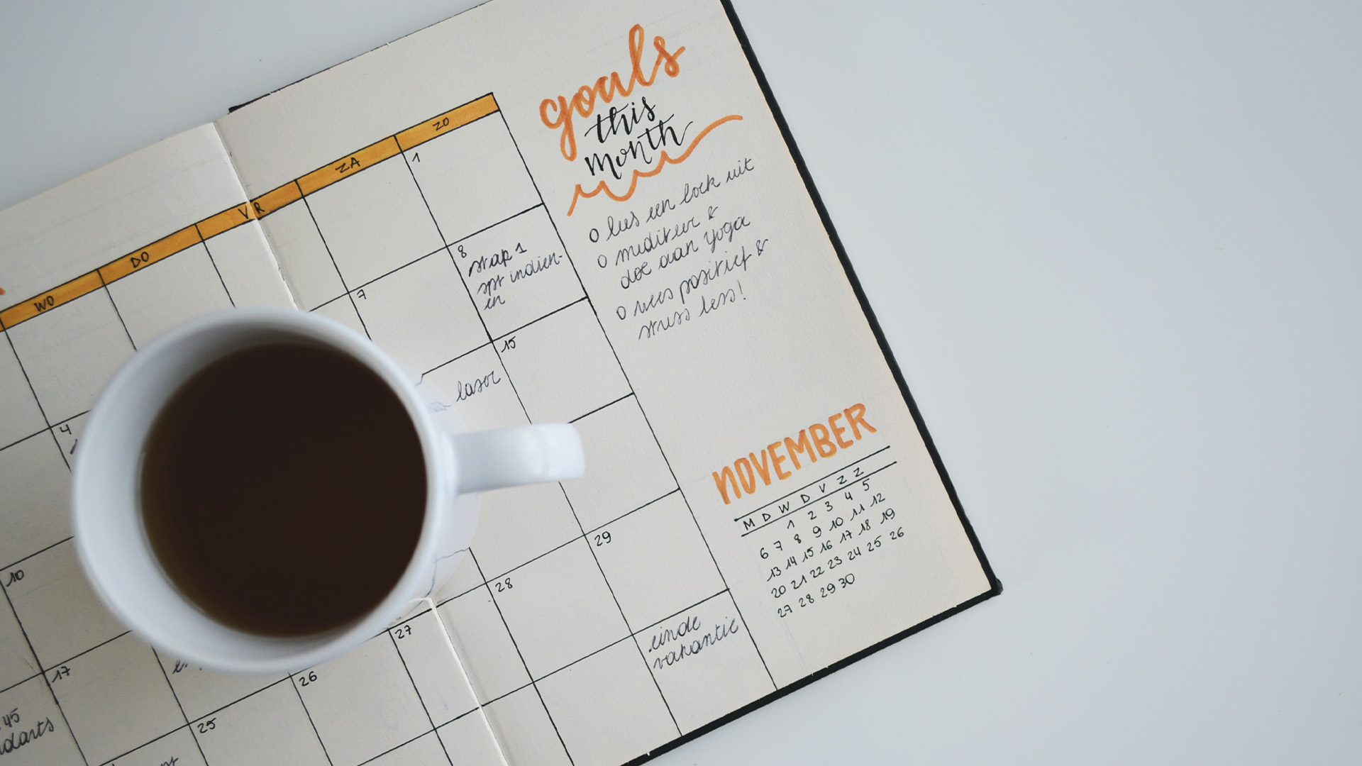 Cup of coffee sitting on planner