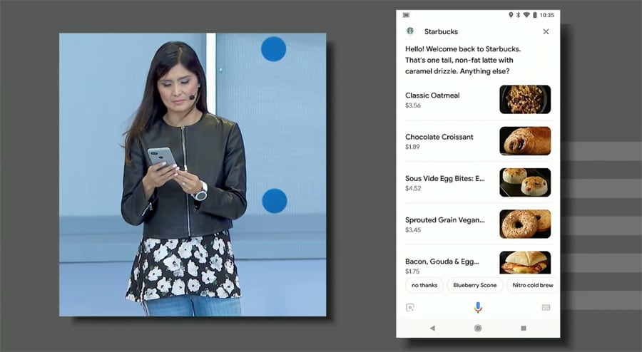 Google Assistant showing Starbucks menu items in Android P