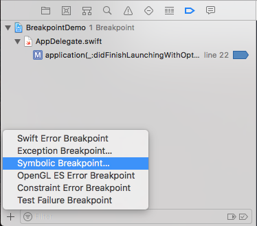 selecting symbolic breakpoint in breakpoint navigator