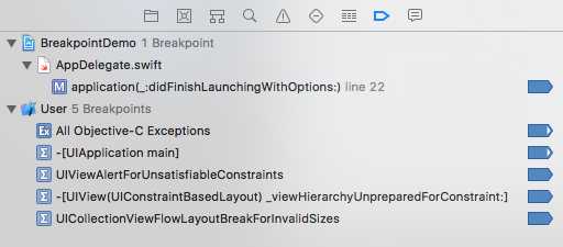 checking the 5 breakpoints in breakpoint navigator